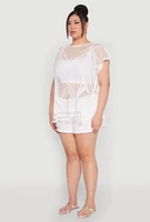 Womens Fishnet Tassel Fringe Swim Cover Up, White