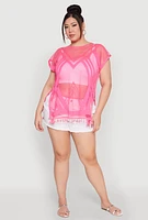 Womens Fishnet Tassel Fringe Swim Cover Up, Pink