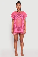 Womens Fishnet Tassel Fringe Swim Cover Up, Pink