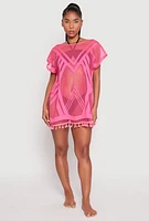 Womens Fishnet Tassel Fringe Swim Cover Up, Pink