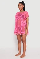 Womens Fishnet Tassel Fringe Swim Cover Up, Pink