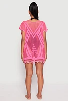 Womens Fishnet Tassel Fringe Swim Cover Up, Pink