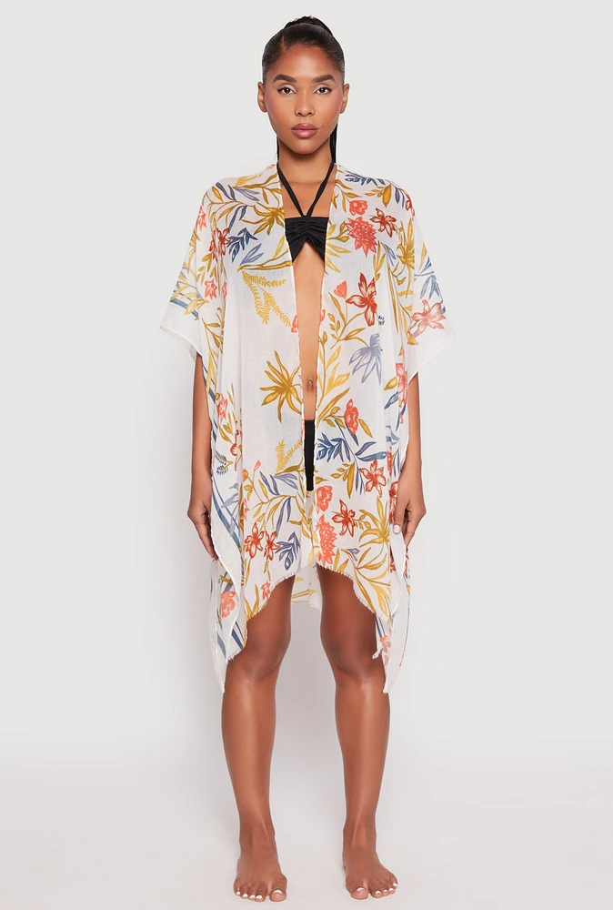 Womens Floral Print Side Slit Cover Up Kimono, Multi