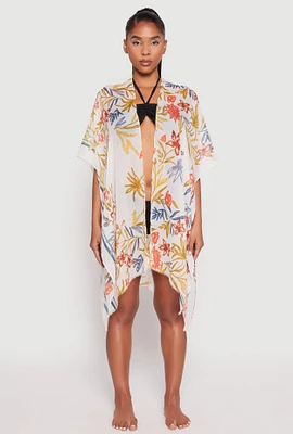 Womens Floral Print Side Slit Cover Up Kimono, Multi