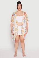Womens Floral Print Side Slit Cover Up Kimono, Multi