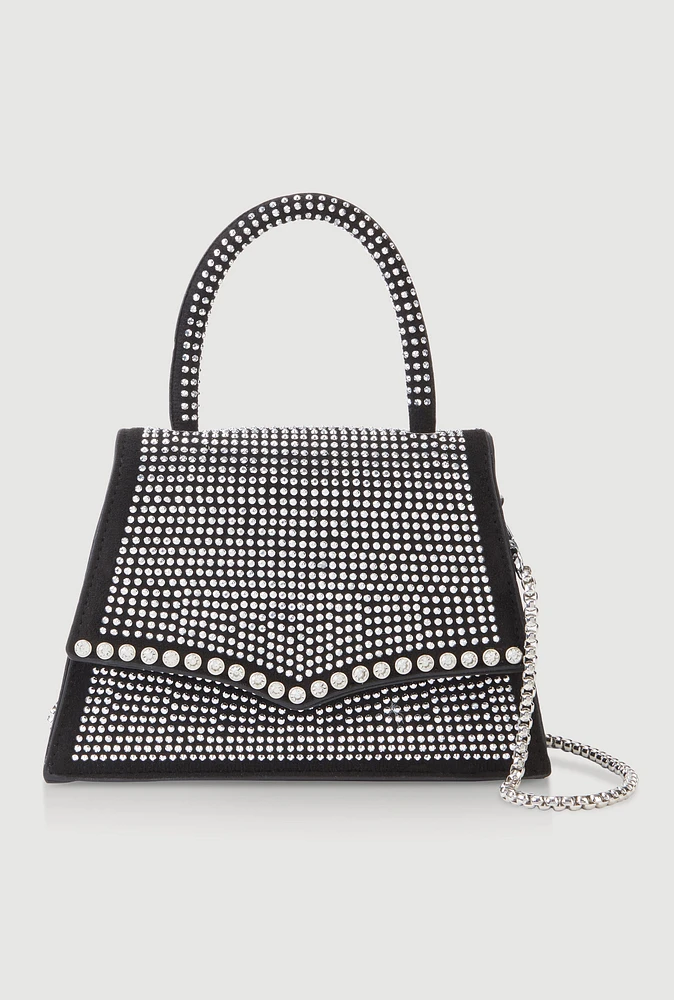Womens Rhinestone Studded Faux Leather Handbag, Black