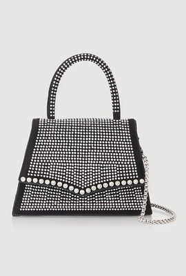 Womens Rhinestone Studded Faux Leather Handbag, Black