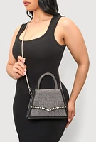 Womens Rhinestone Studded Faux Leather Handbag, Black