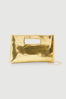 Womens Faux Croc Metallic Convertible Crossbody Clutch, Yellow