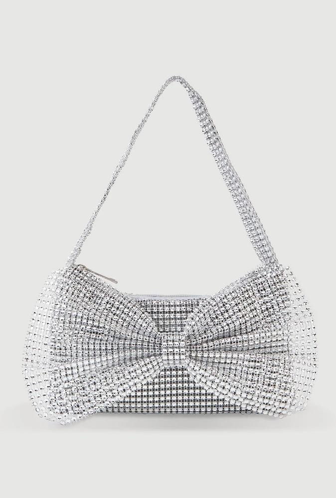 Womens Rhinestone Studded Mesh Bow Handbag, Silver