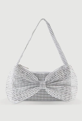 Womens Rhinestone Studded Mesh Bow Handbag, Silver