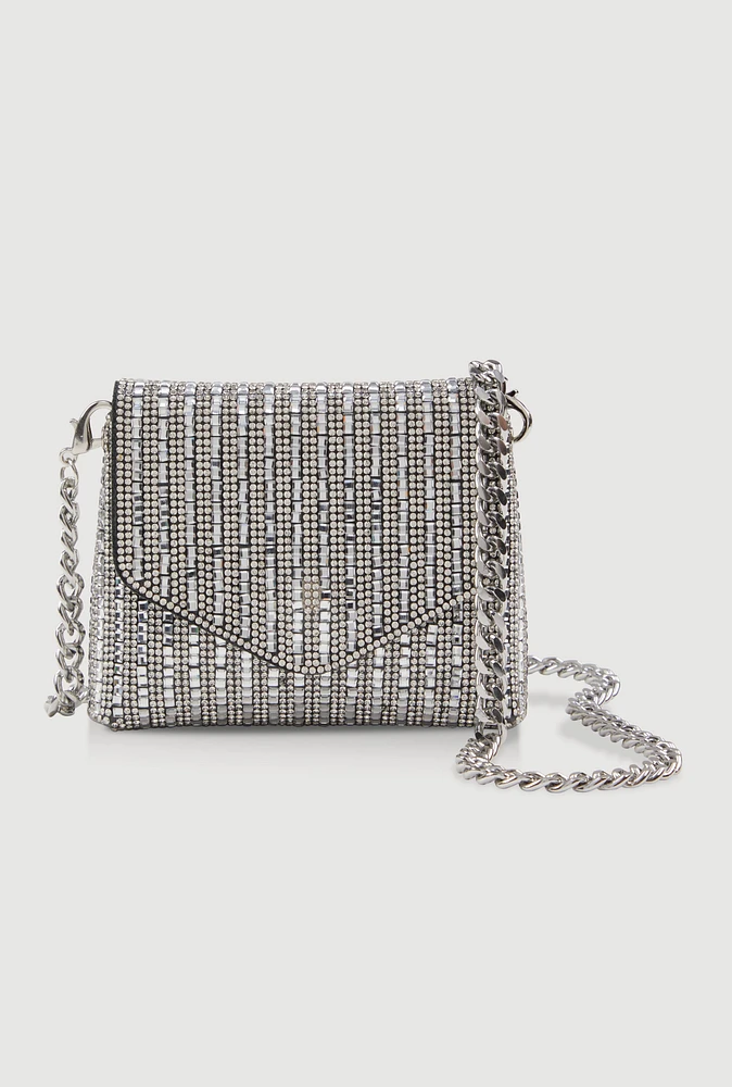 Womens Embellished Faux Leather Convertible Mini Clutch, Silver