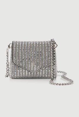 Womens Embellished Faux Leather Convertible Mini Clutch, Silver