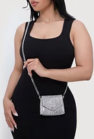 Womens Embellished Faux Leather Convertible Mini Clutch, Silver