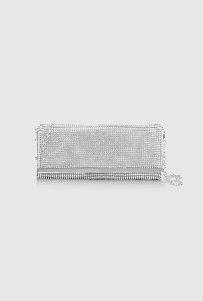 Womens Rhinestone Studded Satin Fold Over Clutch, Silver