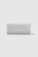 Womens Rhinestone Studded Satin Fold Over Clutch, Silver