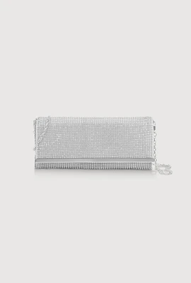 Womens Rhinestone Studded Satin Fold Over Clutch, Silver