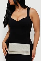 Womens Rhinestone Studded Satin Fold Over Clutch, Silver