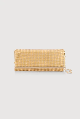 Womens Rhinestone Studded Satin Fold Over Clutch, Gold