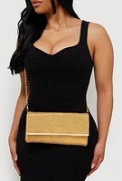 Womens Rhinestone Studded Satin Fold Over Clutch, Gold