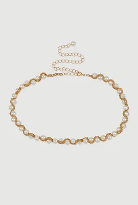 Womens Faux Pearl Metallic Chain Belt, Gold, Size L