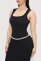 Womens Faux Pearl Metallic Chain Belt, Gold, Size L