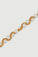 Womens Faux Pearl Metallic Chain Belt, Gold, Size L