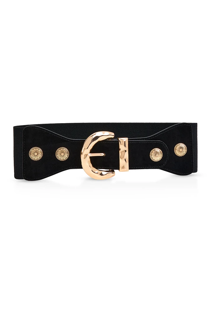 Womens Metallic Detail Elastic Waist Buckle Belt, Black, Size S-M