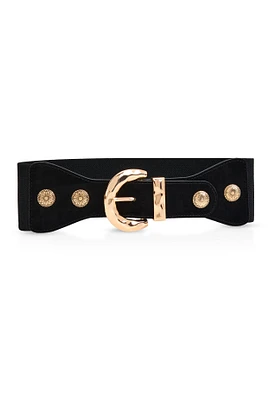 Womens Metallic Detail Elastic Waist Buckle Belt, Black,