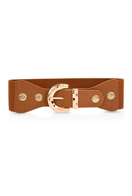 Womens Metallic Detail Elastic Waist Buckle Belt, Brown, Size S-M