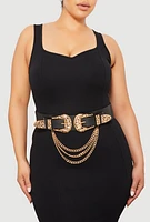 Womens Plus Size Chain Detail Western Double Buckle Belt, Black