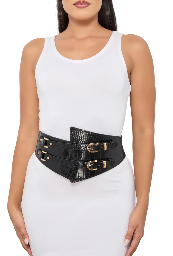 Womens Double Buckle Corset Stretch Belt, Black