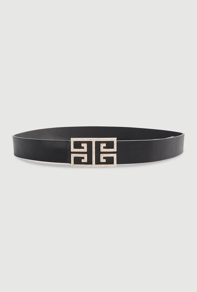 Womens Rhinestone Studded Greek Key Buckle Faux Leather Belt, Black, Size S-M