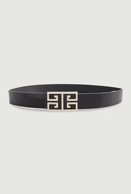 Womens Rhinestone Studded Greek Key Buckle Faux Leather Belt, Black, Size S-M