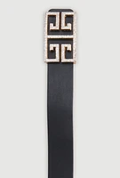 Womens Rhinestone Studded Greek Key Buckle Faux Leather Belt, Black, Size S-M