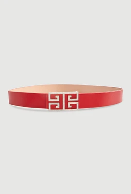 Womens Rhinestone Studded Greek Key Buckle Faux Leather Belt, Red, Size M-L