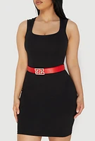 Womens Rhinestone Studded Greek Key Buckle Faux Leather Belt, Red, Size M-L