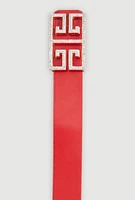 Womens Rhinestone Studded Greek Key Buckle Faux Leather Belt, Red, Size M-L