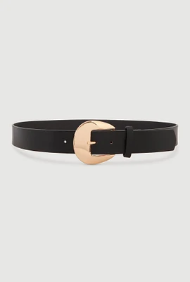 Womens Plus Metallic Round Buckle Faux Leather Belt, Black,