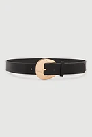 Womens Plus Metallic Round Buckle Faux Leather Belt, Black,