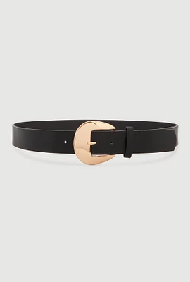 Womens Metallic Round Buckle Faux Leather Belt, Black, Size S-M