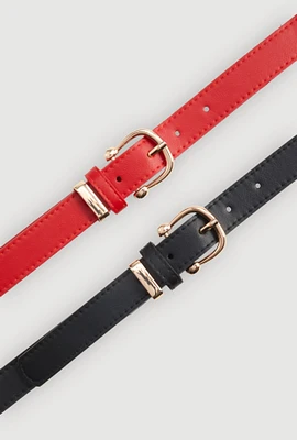 Womens Square Metallic Buckle Faux Leather Belt 2 Pack, Multi, Size M-L