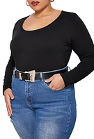 Womens Plus Size Faux Leather Rhinestone Buckle Belt, Black, Size 2X