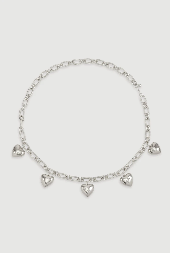 Womens Heart Charm Chain Belt, Silver, Size S-M