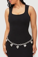 Womens Heart Charm Chain Belt, Silver, Size S-M