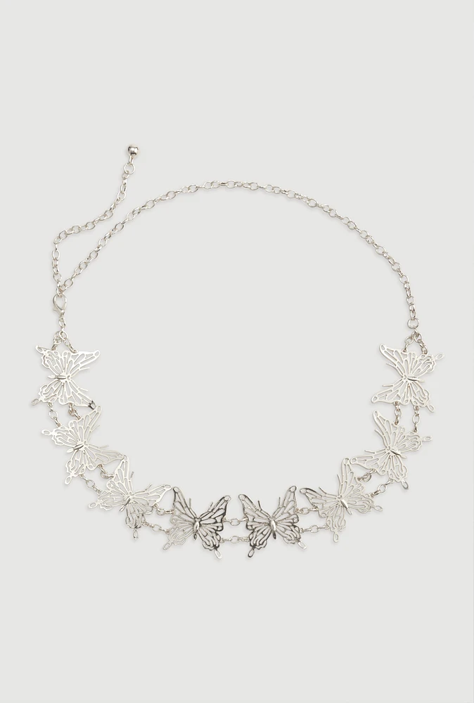 Womens Metallic Butterfly Chain Waist Belt, Silver, Size S-M