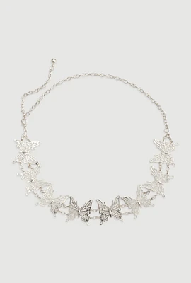 Womens Metallic Butterfly Chain Waist Belt, Silver, Size S-M