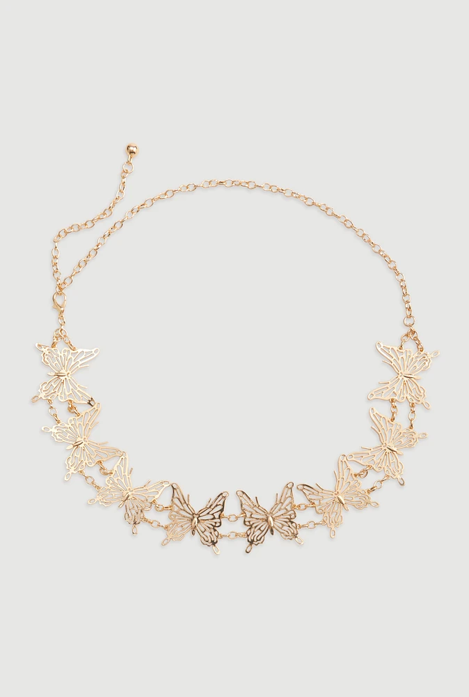 Womens Metallic Butterfly Chain Waist Belt, Gold, Size M-L