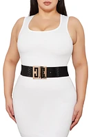 Womens Plus Size Rhinestone Detail Geo Buckle Stretch Belt, Black