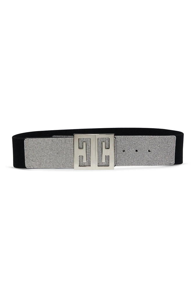 Womens Plus Size Rhinestone Detail Geo Buckle Stretch Belt, Silver
